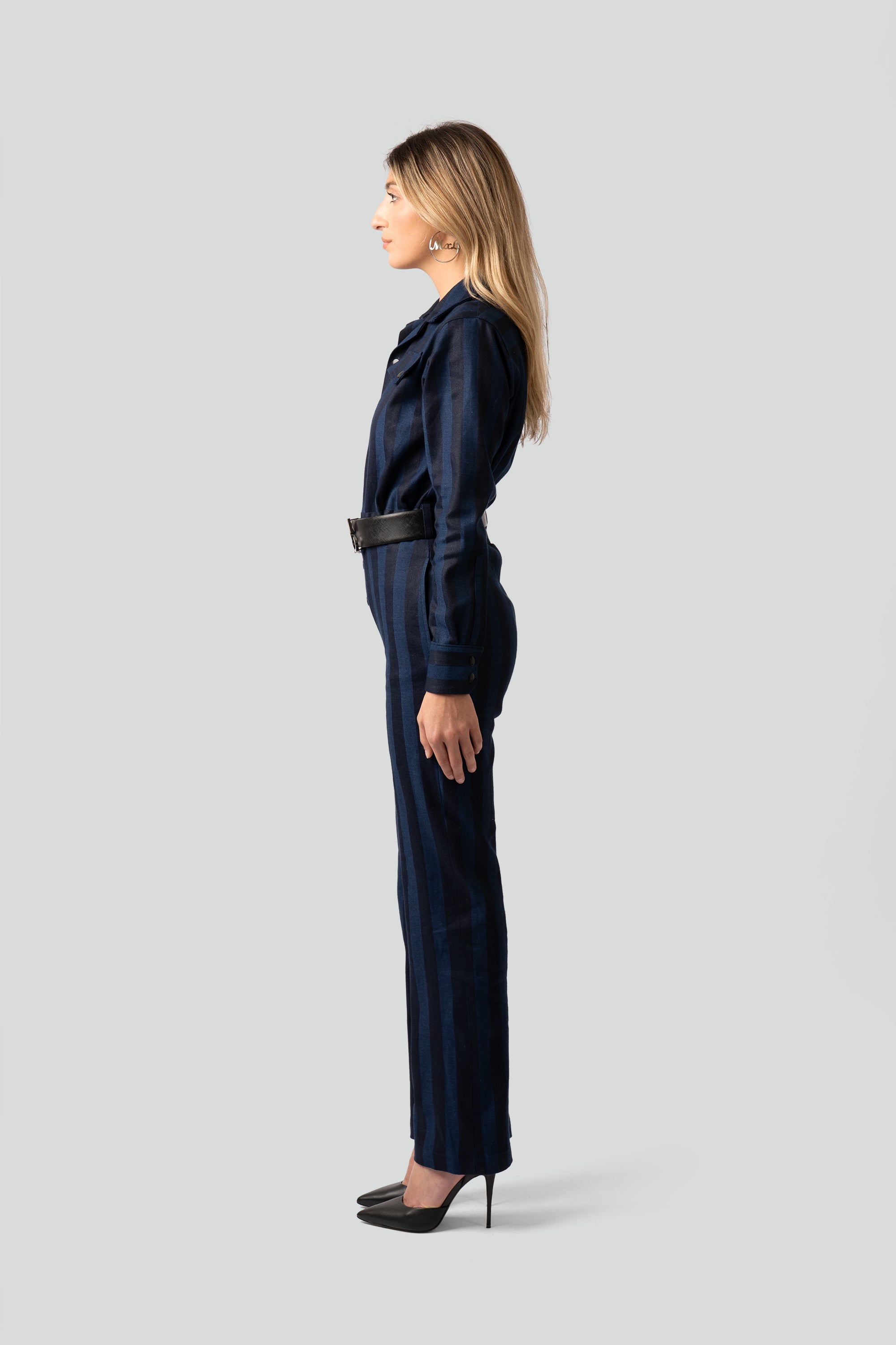 One-piece tailored women's jumpsuit crafted from premium cotton in deep Yale and space cadet blue vertical stripes, featuring a secure snap-button front
