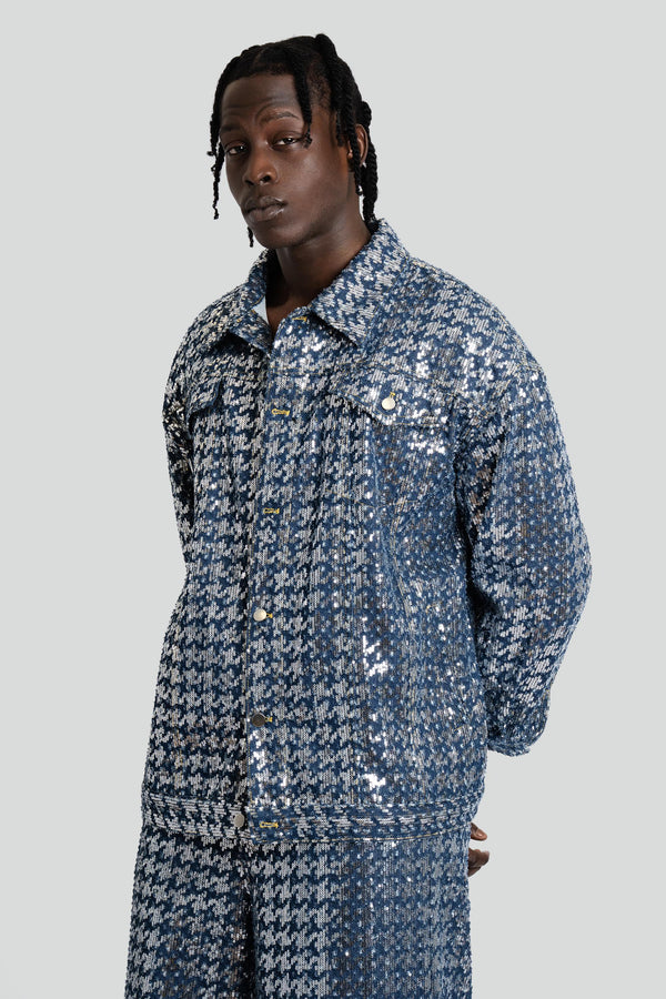 Maui X Lolita Bleu Sparked Denim set featuring a blue sequin-covered denim jacket and matching high-waisted sequin denim shorts