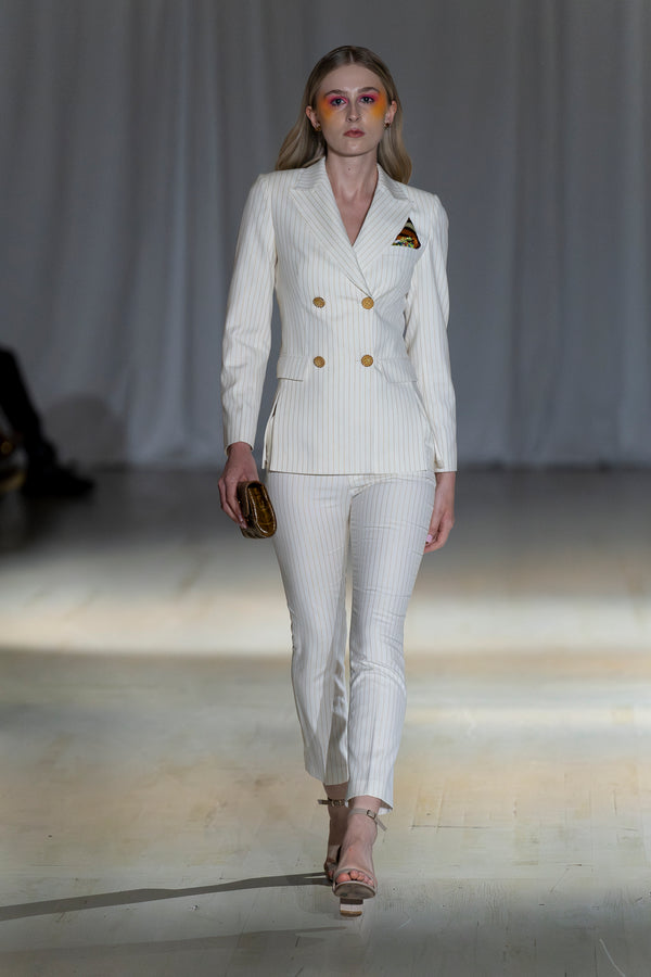 Bri White and Gold Pinstripe Suit