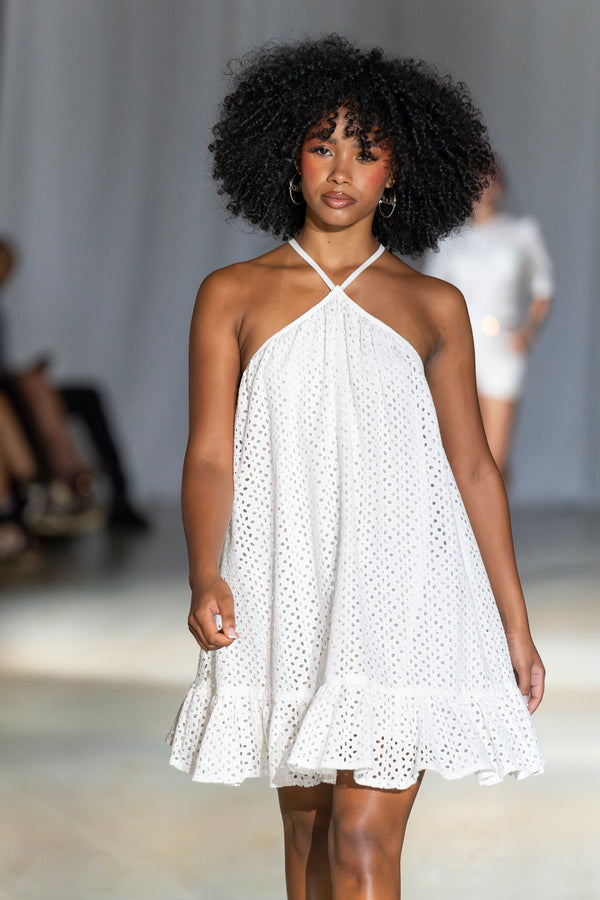 White Eyelet Mini Dress with Ruffled Hem