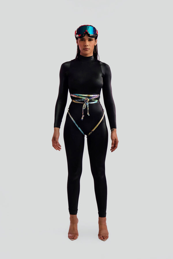  Front view of a tight, form-fitting denim bodysuit designed with clean body-sculpting lines and an edgy