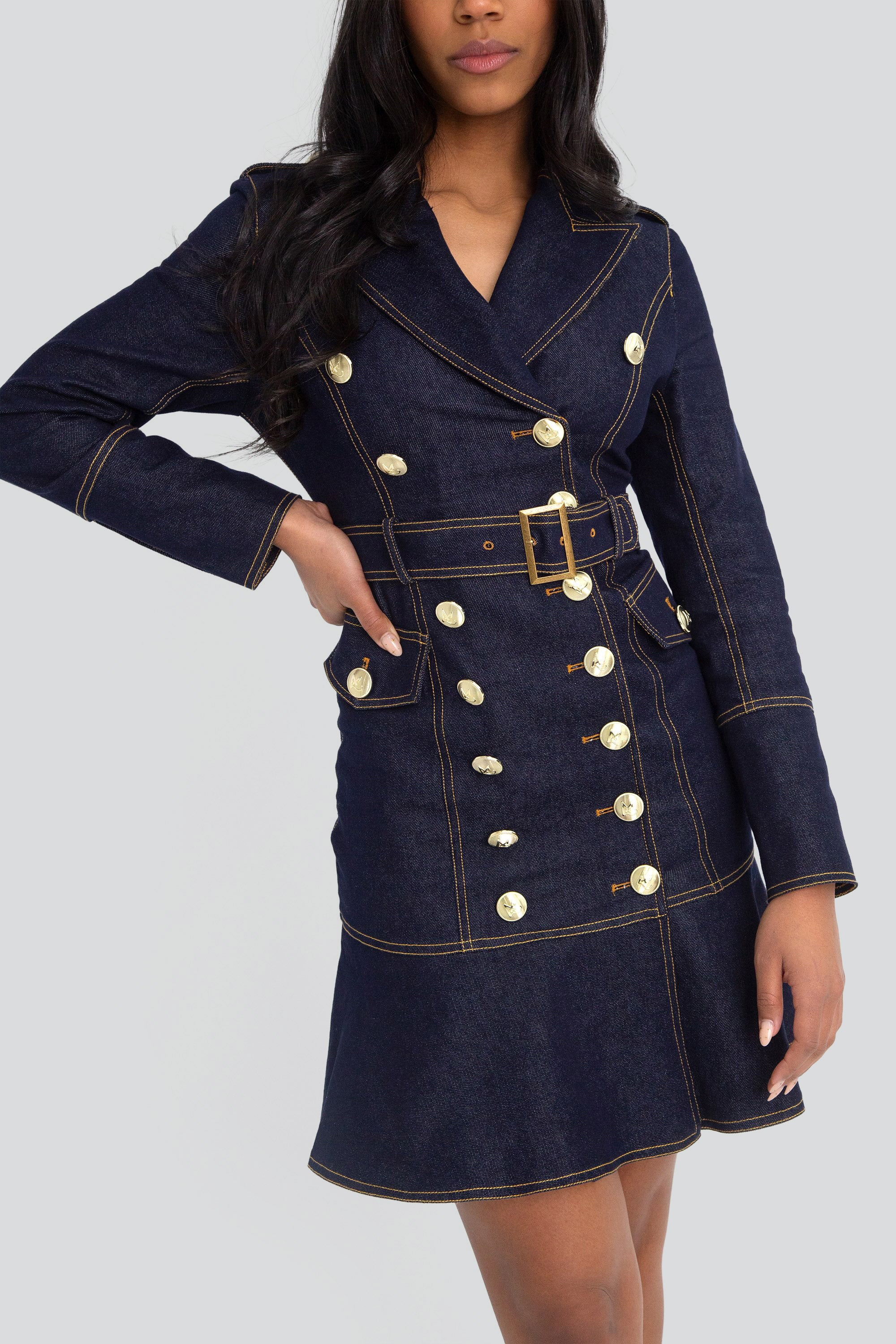 denim dress gold buttons Short Gold Button Denim Dress - Indigo