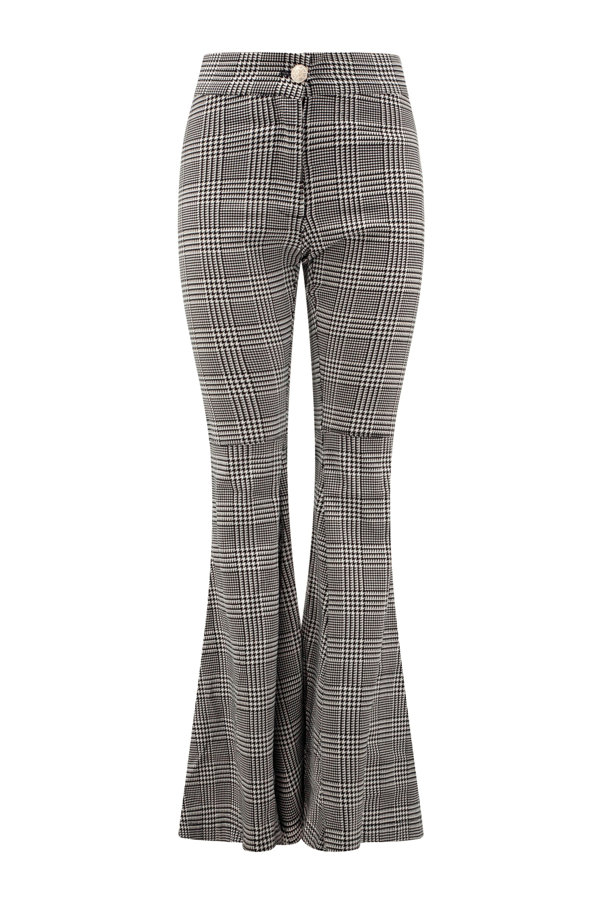 Grey plaid pants with flared bottoms against a white background