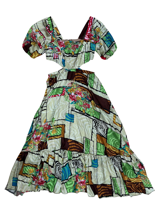 Floral Silky Peasant Dress With Cut Outs and Puff Sleeve