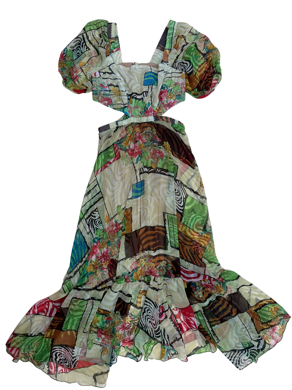 Floral Chiffon Cut Out Dress with Sheer Puff Sleeve