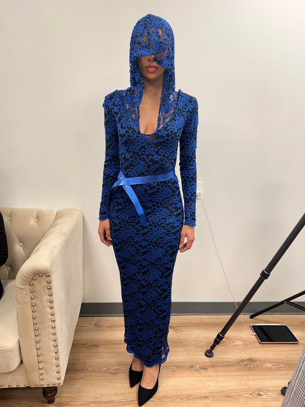 Inira Hooded Blue Floral Mesh Dress