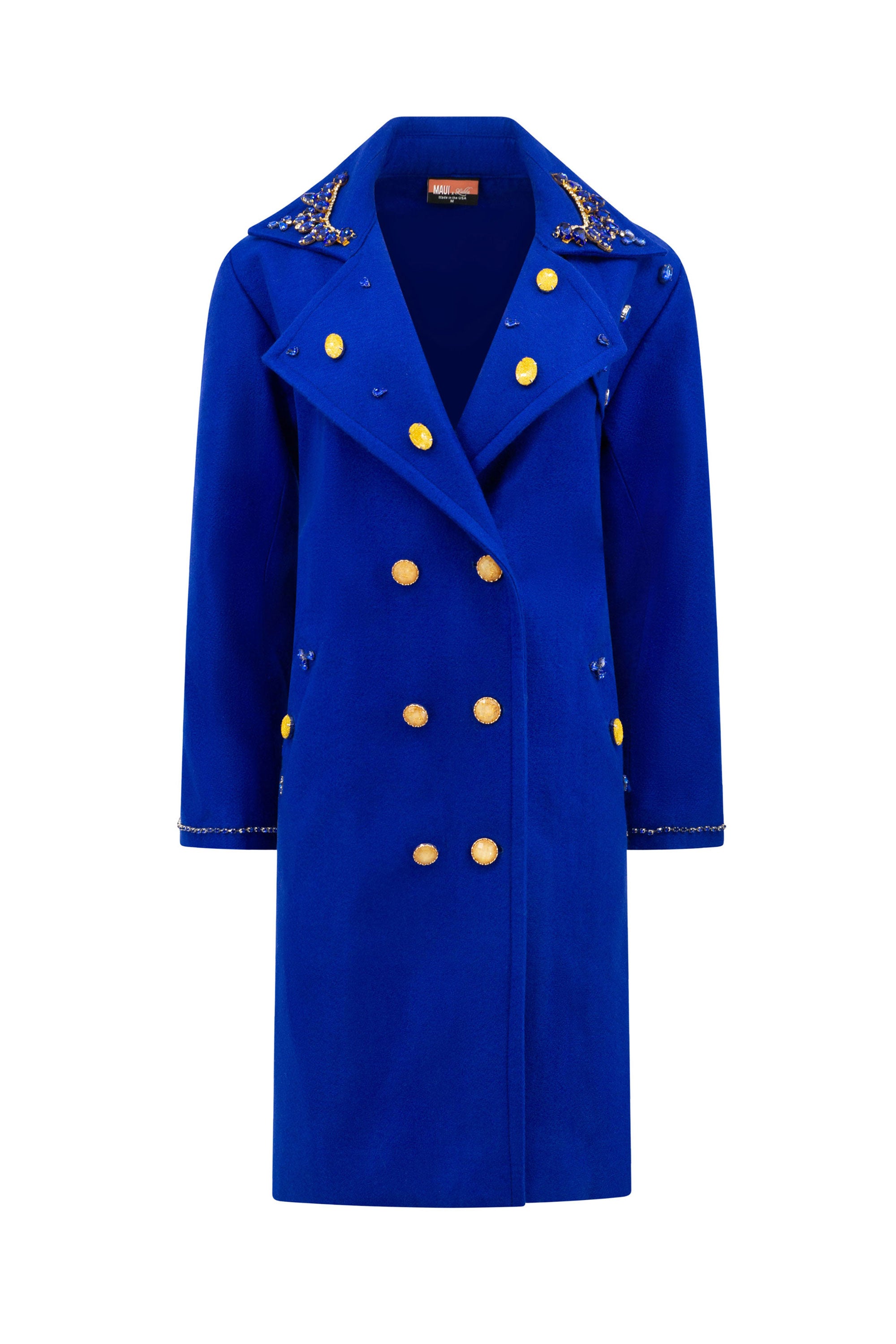Blue trench coat with gold buttons and delicate gold detailing against a white background