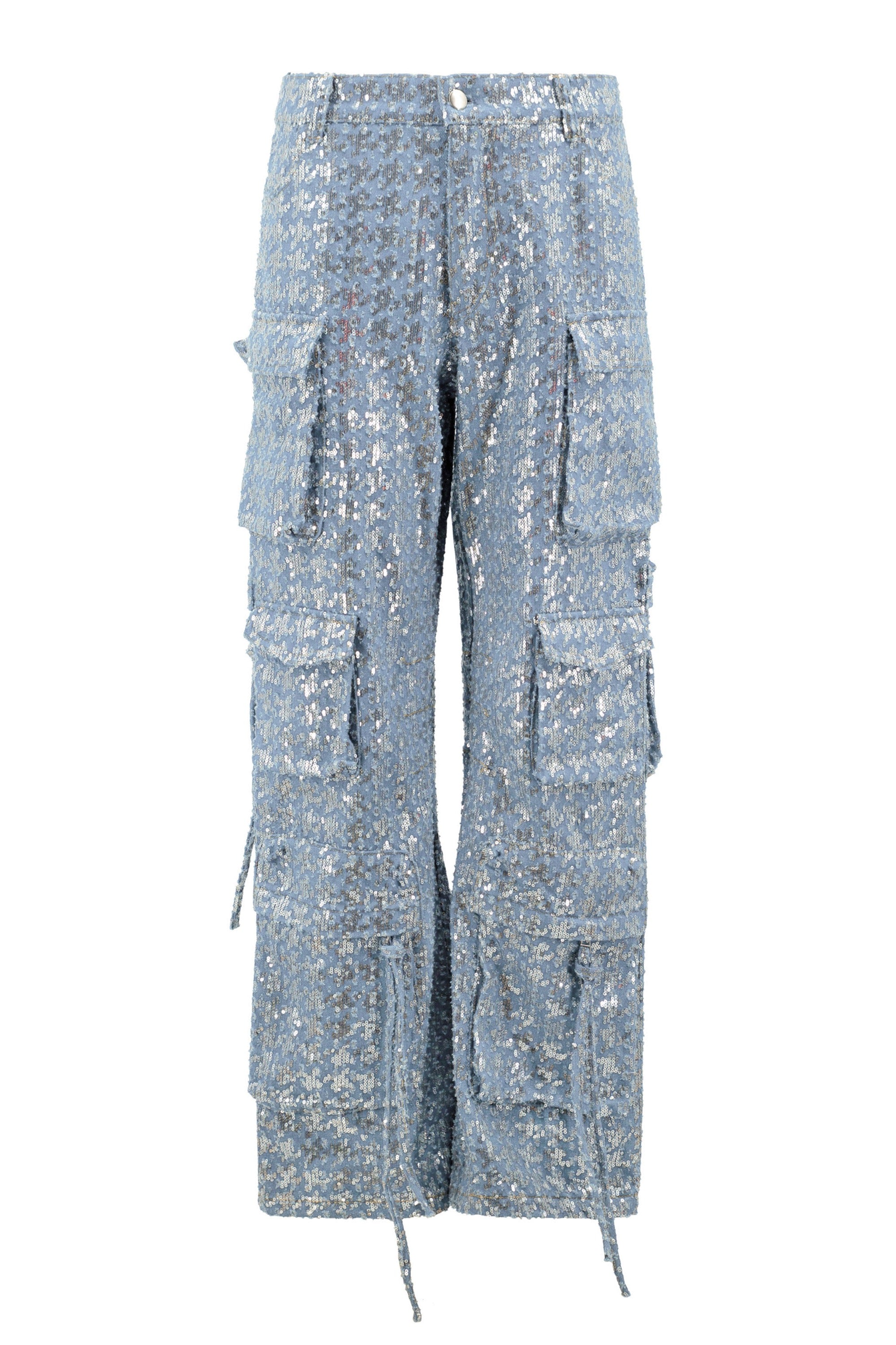 Light blue cargo pants with multiple pockets on a white background