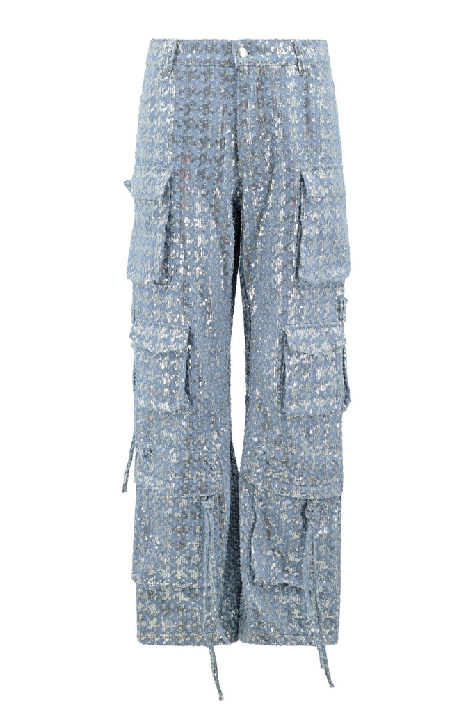 Light blue cargo pants with multiple pockets on a white background