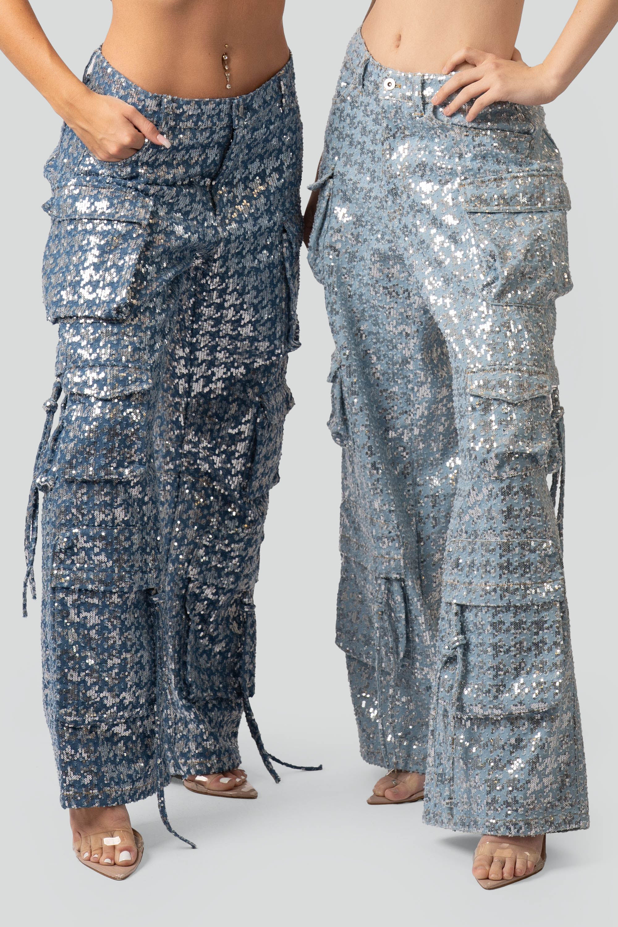Two pairs of sequin cargo pants on a plain background