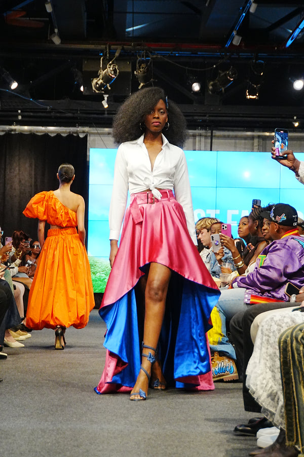 Pink and Blue Satin Asymmetrical Hi-Low Formal Skirt