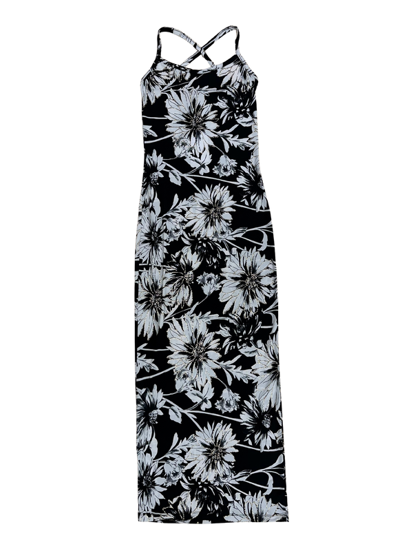 Black and White Floral with Gold Detail Long Strappy Dress