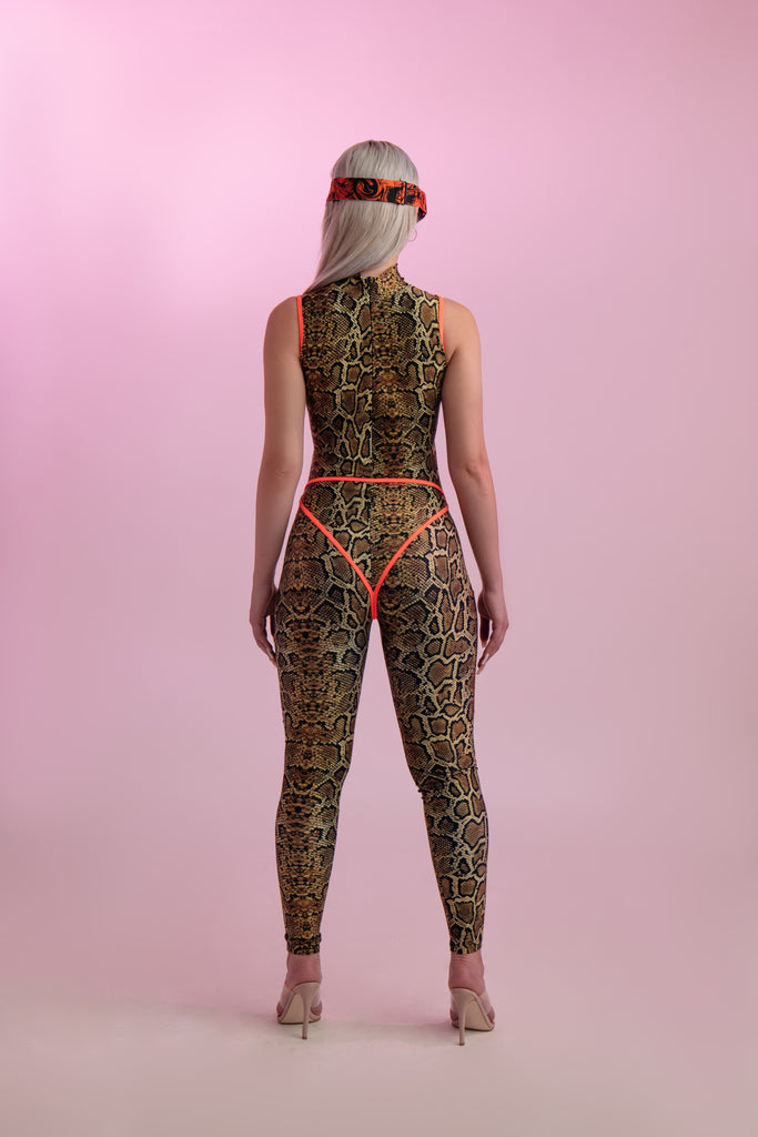 Back of sleeveless snakeprint catsuit with neon orange piping