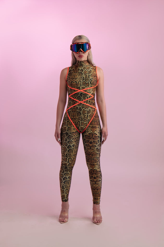 Sleeveless snakeprint catsuit with neon orange piping 